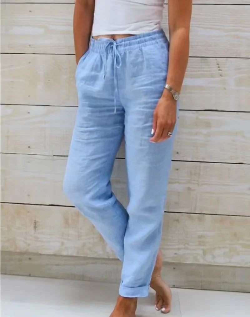 Spring Cotton Women's Long Pants Black Pockets Lace Up Loose Pants Female New Casual Office Fashion Elegant Ladies Bottom
