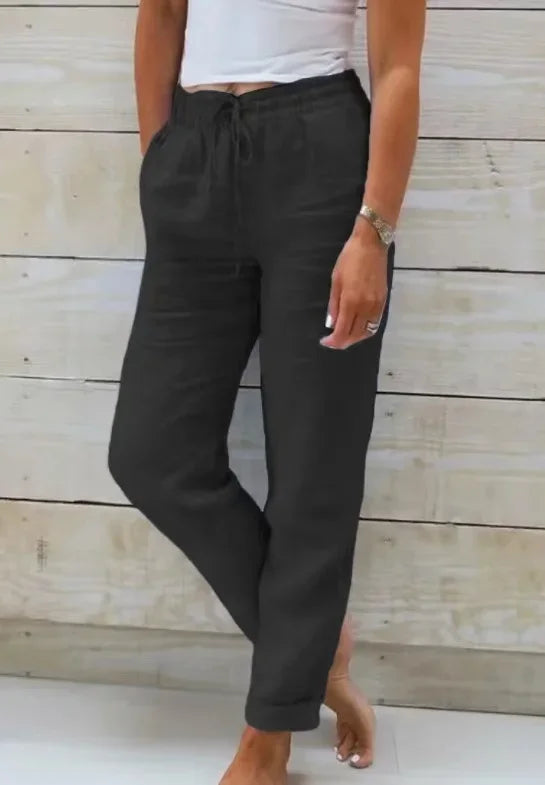 Spring Cotton Women's Long Pants Black Pockets Lace Up Loose Pants Female New Casual Office Fashion Elegant Ladies Bottom