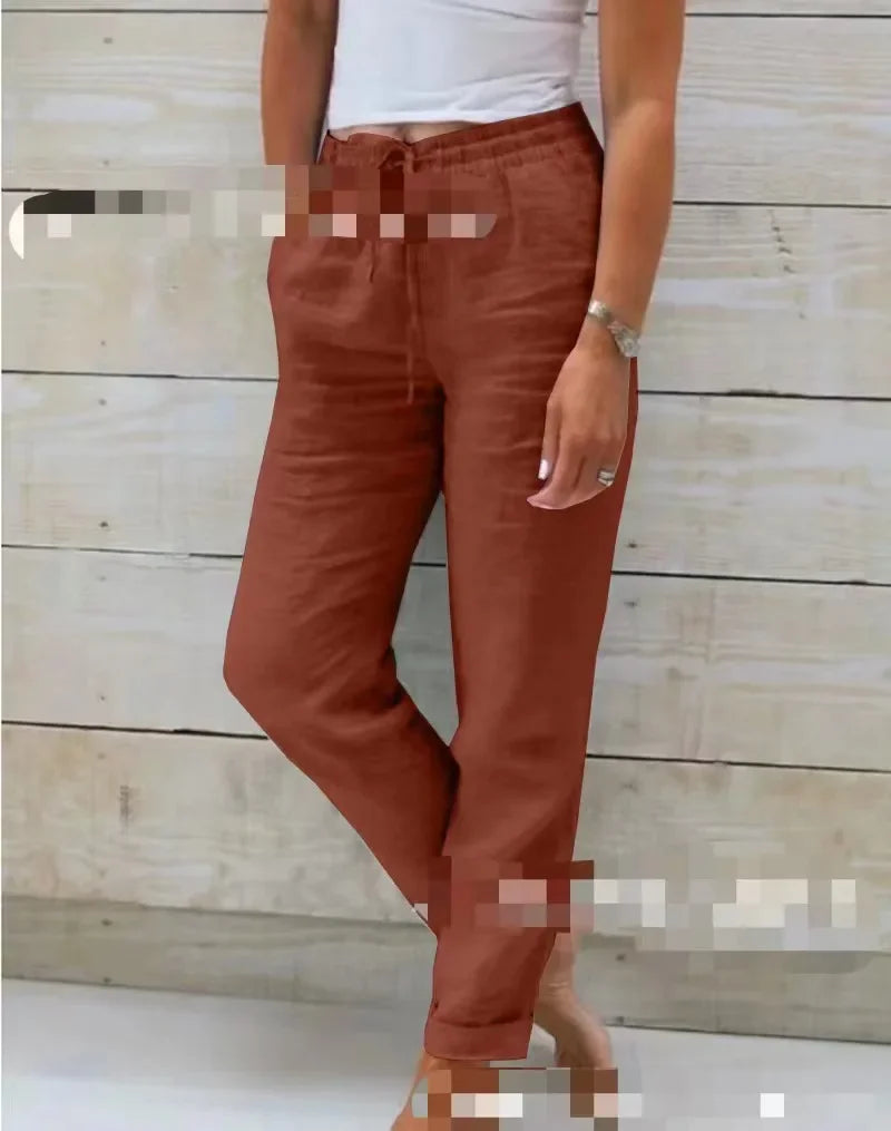 Spring Cotton Women's Long Pants Black Pockets Lace Up Loose Pants Female New Casual Office Fashion Elegant Ladies Bottom